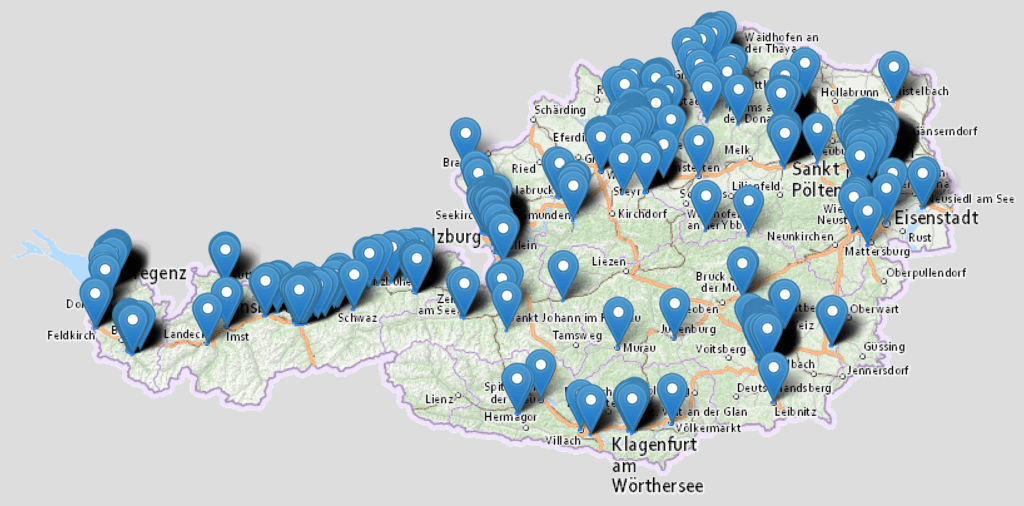 Österreichkarte mit Markierungen für eingetragene Gründächer