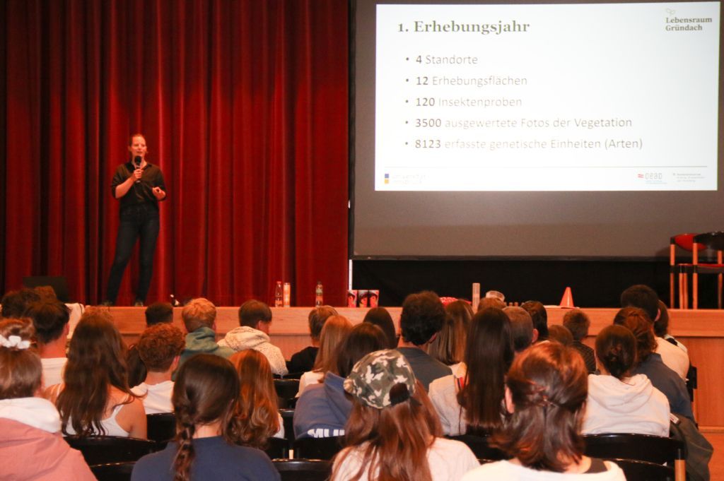 Friederike Barkmann bei einem Vortrag zu den Projektergebnissen von Lebensraum Gründach vor Schulklassen beim Wissenschaftsfest